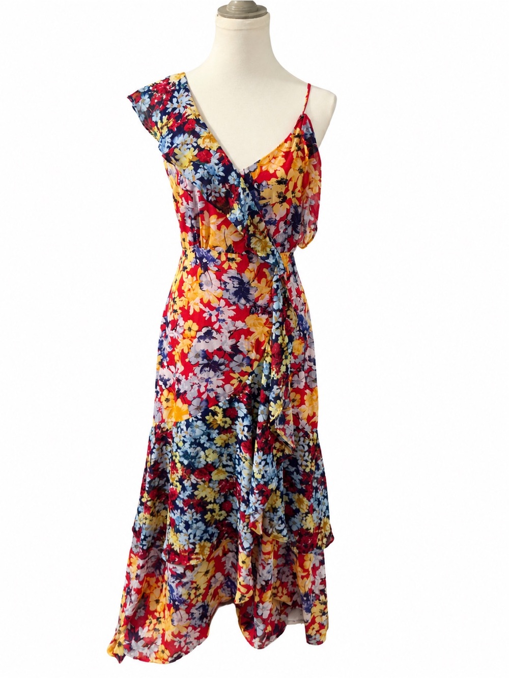 Lulus Laraline Red Multi Floral Ruffled Cowl Back Maxi Dress S